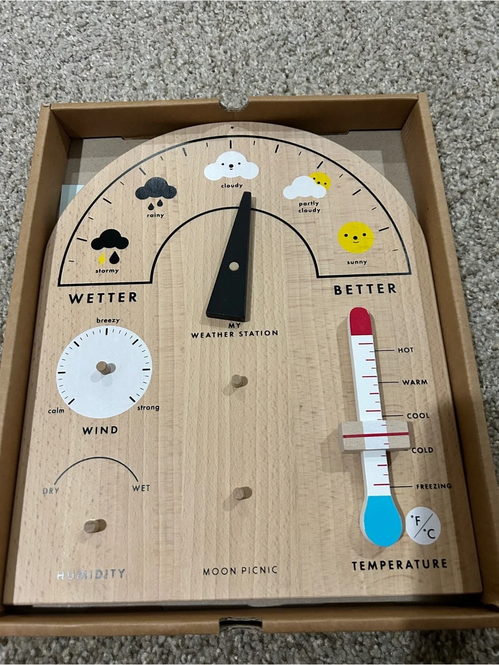 Moon Picnic Weather Station - Natural Wood with Red & Blue Accents